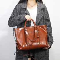 2021 new leather cowhide womens bag wax leather simple casual OL commuter portable shoulder Cross bag