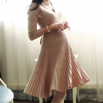 Small fragrant wind pregnant women knitted dress long high waist pleated skirt postpartum lactation sweater skirt autumn winter base skirt