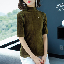 Female spring 2020 new women simple solid color pullover Half sleeve slim T-shirt gold velvet coat tide