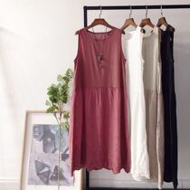 Summer dress new Korean version loose with big code art and casual sleeveless vest cotton linen large swing with dress and female summer embroidery flowers