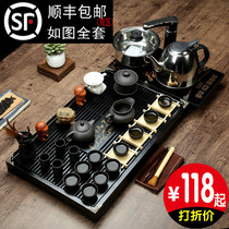 Tea set Purple Sand Kung Fu Modern set of household ceramic teacups Electric magnetic stove Tea table Tea ceremony Solid wood tea tray