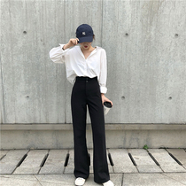 Womens spring and autumn pants loose high waist thin black mopping drape feeling wide leg suit pants straight pants casual trousers