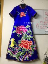 Cloud decoration totem original design womens dress robe national style hand-embroidered new embroidered peony silk satin robe