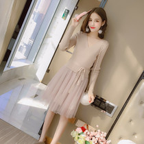  2021 autumn womens clothing French first love retro super fairy mesh stitching knitted dress long-sleeved waist bottoming skirt