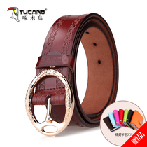 New woodpecker belt female leather pin buckle belt elegant fashion versatile youth cowhide leather belt Korean version widened