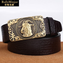 RollsMinjor sheep zodiac belt male leather head layer cowhide crocodile pattern green middle-aged handmade pants belt