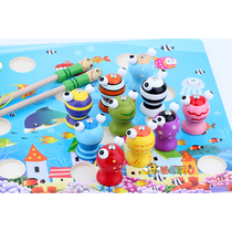 Wooden children 3D magnetic stereo fishing set large play water 1-2-3 year old baby fishing toy