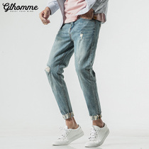 Broken clearance 2 pieces 5 fold hole jeans men slim foot pants men Korean trend ankle-length pants Wild