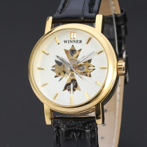 WINNER Three-Needle Automatic Maple Leaf Hollow Router Scale Leisure Men Mechanical Belt Watch D116