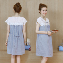  Pregnant womens summer dress Mid-length summer pregnant womens short-sleeved top Loose large size pregnant womens skirt during pregnancy