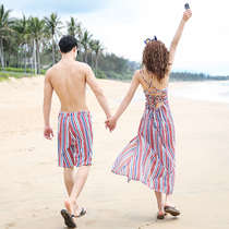 Couple swimsuit womens three-piece bikini skirt sexy backless conservative high waist gathering mens beach pants couples