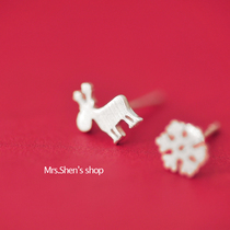 Mrs. t Shen S925 sterling silver Korean version of temperament fresh asymmetric earrings female cute snowflake elk Christmas earrings