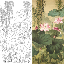  Gongbi painting white sketch manuscript Four-foot lotus 66*132 physical white paper print draft with color map Wang Qingsheng 026T