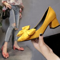 2021 New in thick with pointed bow bow high heel single shoes Bride wedding small size Women black dress work shoes