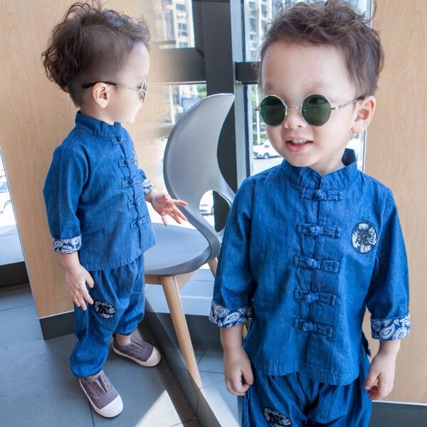 Spring Autumn New Pint Boy Ethnic Wind Denim Blouse Two Sets of Tang Loaded Baby Pure Cotton Suit Chinese