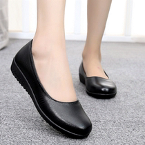 Spring and Autumn Womens Single Black Work Shoes Womens Flat Soft Leather Shoes Non-slip Bag Instep Shoes KFC Work Shoes