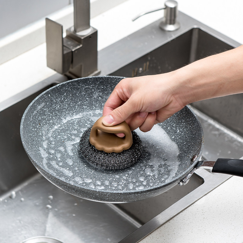 Kitchen brush with handle pot cleaning brush steel ball iron pot brush pot dishwashing brush household stainless steel wire brush