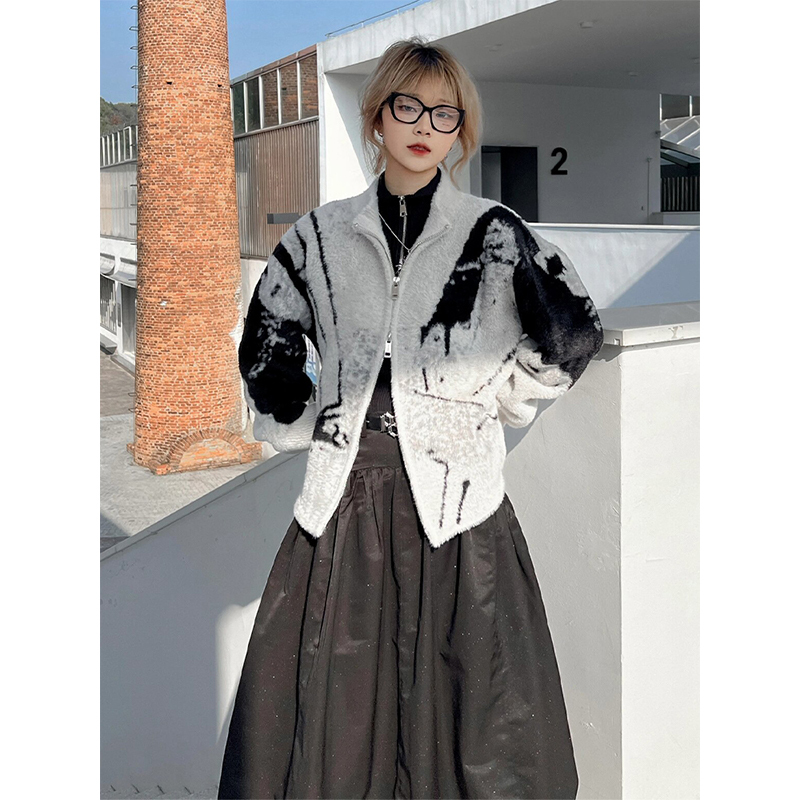 American Vintage Sweater Cardigan for Women, Spring and Autumn, Lazy Style, Loose Double Zipper Knitwear, Faux Mink Coat ins