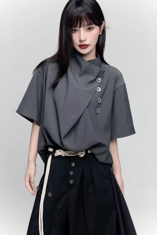 Chinese Style Niche Retro Design High-End Shirt Loose Fit Unisex Irregular Short-Sleeve New Chinese Style Shirt Top Summer
