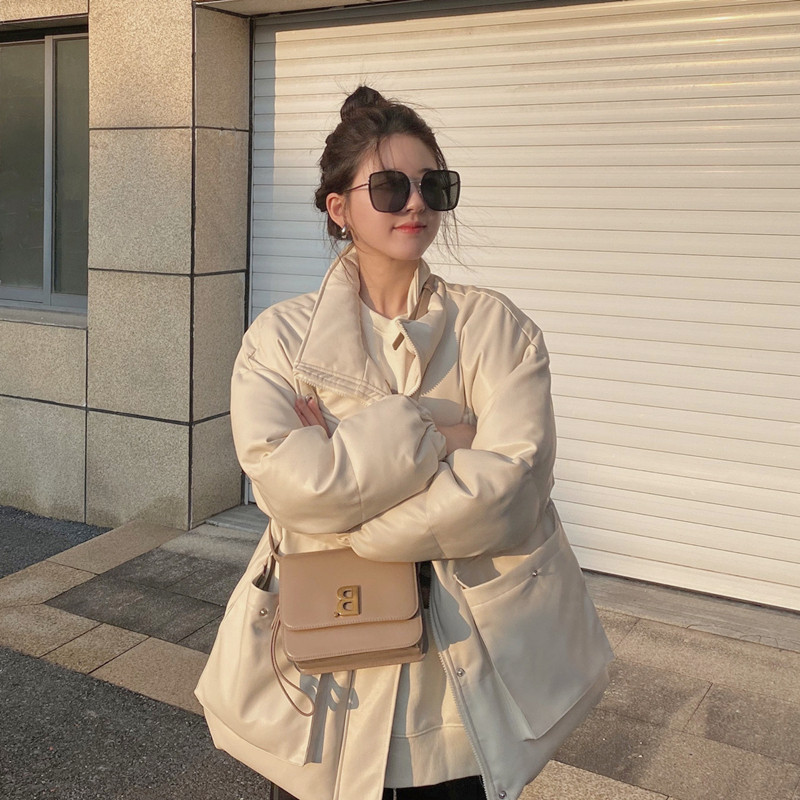 SNICYKER LAZY WIND DOWN Down Jackets Women 2023 New Winter Dress Korean Version PU Leather Tooling Loose Jacket Winter 