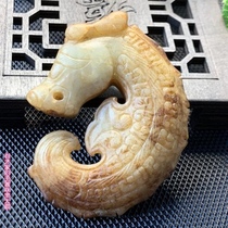  Talented rare natural Xinjiang Hetian jade seed material carved fish dragon pendant handle piece Tang Dynasty style treasures