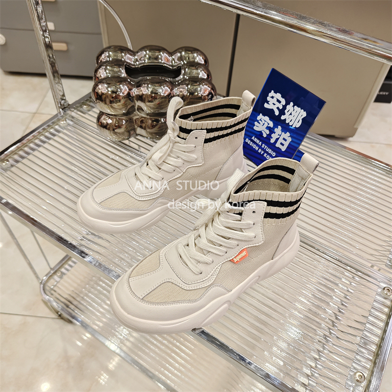 Genuine Leather Shopping Mall Withdrawal 2025 Autum Boots Women's High-Top Fly-Knit Sports Shoes Increased Casual Elastic Socks Shoes