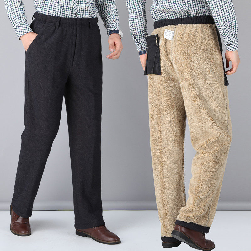 Winter plus velvet thickened tightness waist casual pants Western pants Old men gold suede cashmere loose and warm pants