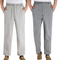 Summer Thin middle aged mens pants linen casual pants loose cotton linen tightness waist long pants cool and sweat-and-breathable