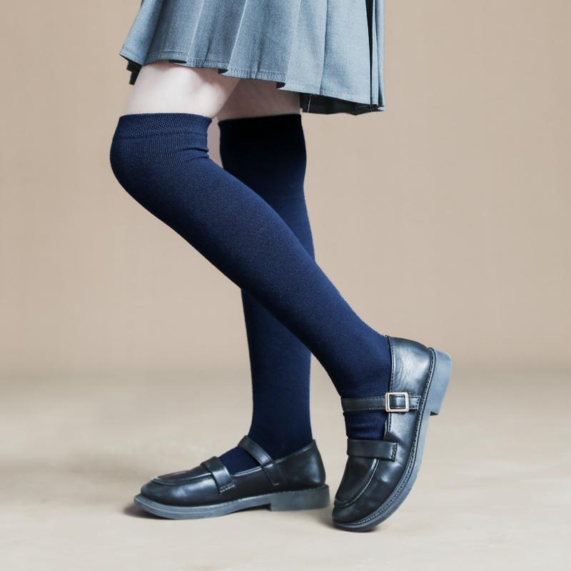Girls' Over-The-Knee Long School Uniform Socks, Navy Blue Pure Cotton Mid-Calf Socks, Breathable, Non-Slip, Antibacterial, New Spring and Summer Style, Three Pairs