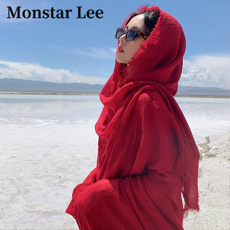 Monstar Lee Bright Red Silk Scarf Desert Sun Protection Shawl Seaside Travel Beach Qinghai Gauze Scarf for Women