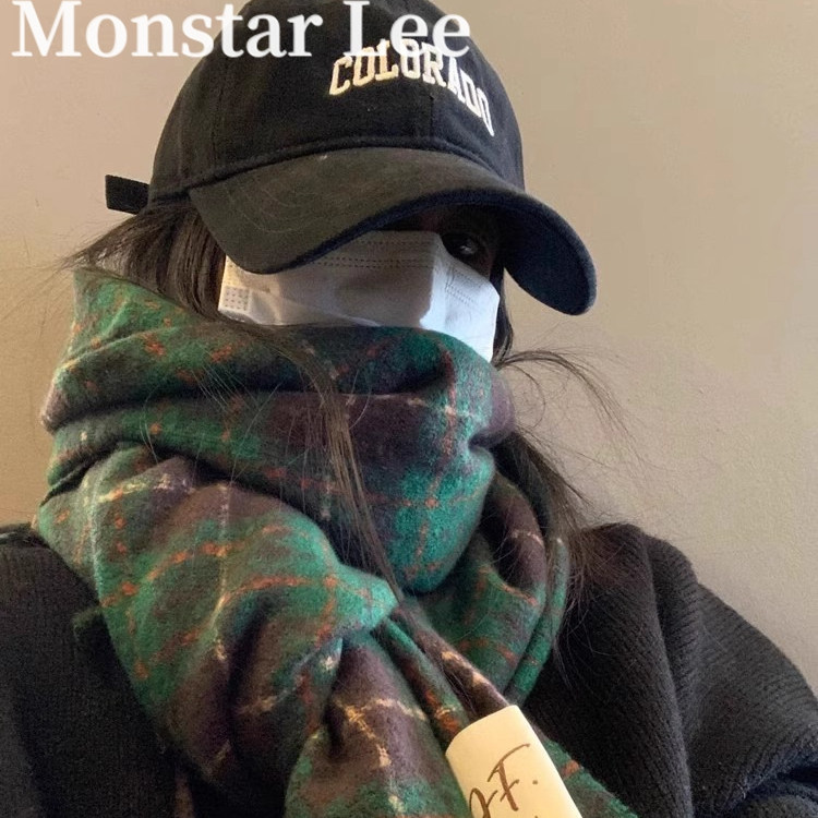 Monstar lee秋冬季氛围感羊绒格围巾女韩国绿色学生保暖双面围脖