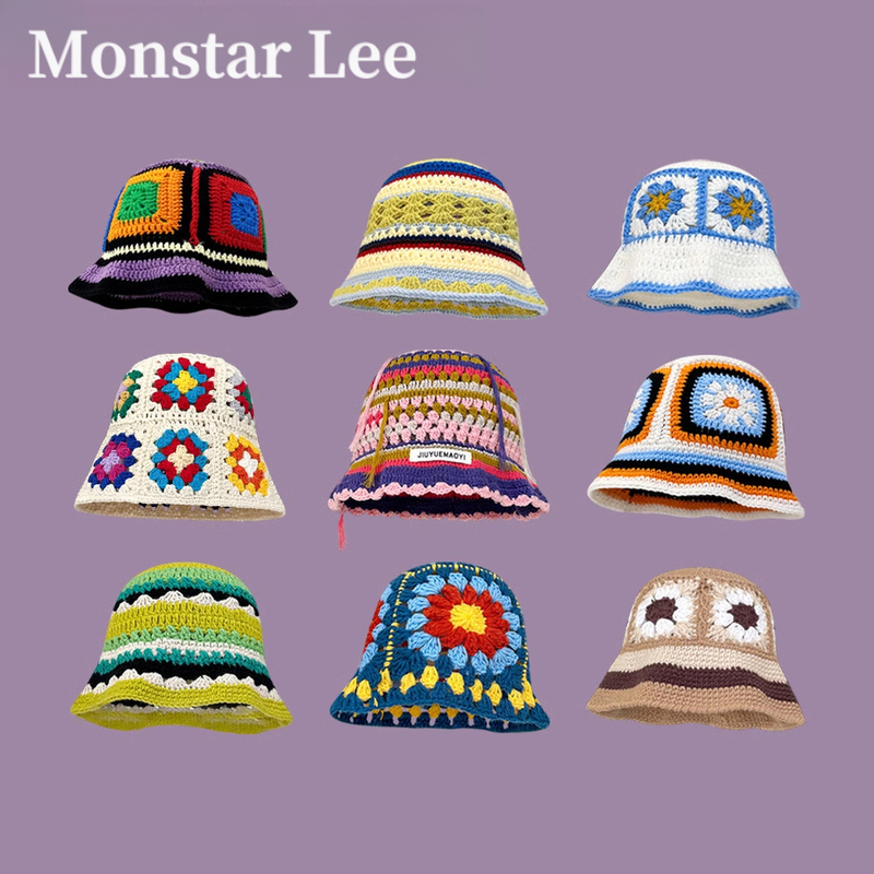 Monstar Lee Japanese-Style Fresh Colorful Floral Knitted Fisherman Hat for Women, Summer Woven Face-Slimming Yarn Hat