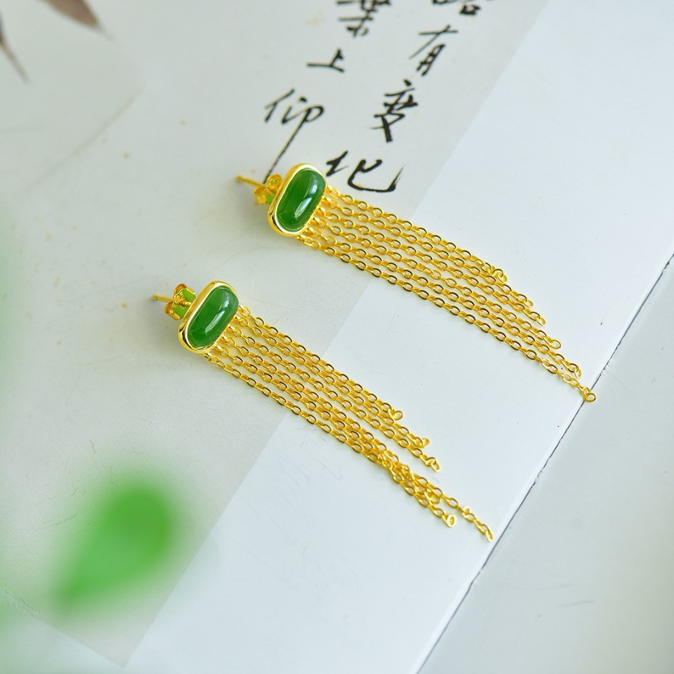 和田玉碧玉耳饰925银碧玉方形流苏耳钉金镶玉耳线长款耳环古风国潮饰品,古韵新颜,时尚宠儿!-耳饰-淘宝好物网