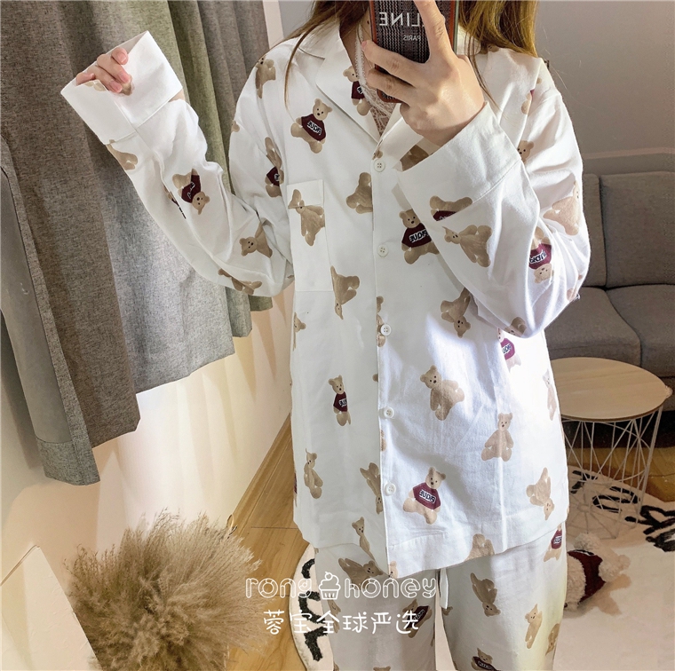 Japan Soft Sugar Small Bear Baby Sleepwear Spring Autumn Style Long Sleeve Teddy Bear Pure Cotton Home Conserved Couple Suits