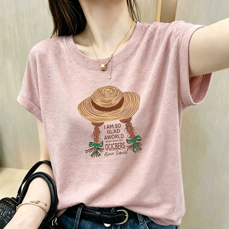 Bamboo Cotton Casual Versatile Loose Slimming Short-Sleeve T-Shirt for Women, Summer Design, Niche Round Neck Printed Top, Trendy Bamboo Cotton Casual Versatile Loose Slimming Short-Sleeve T-Shirt for Women, Summer Design, Niche Round Neck Printed Top, Trendy