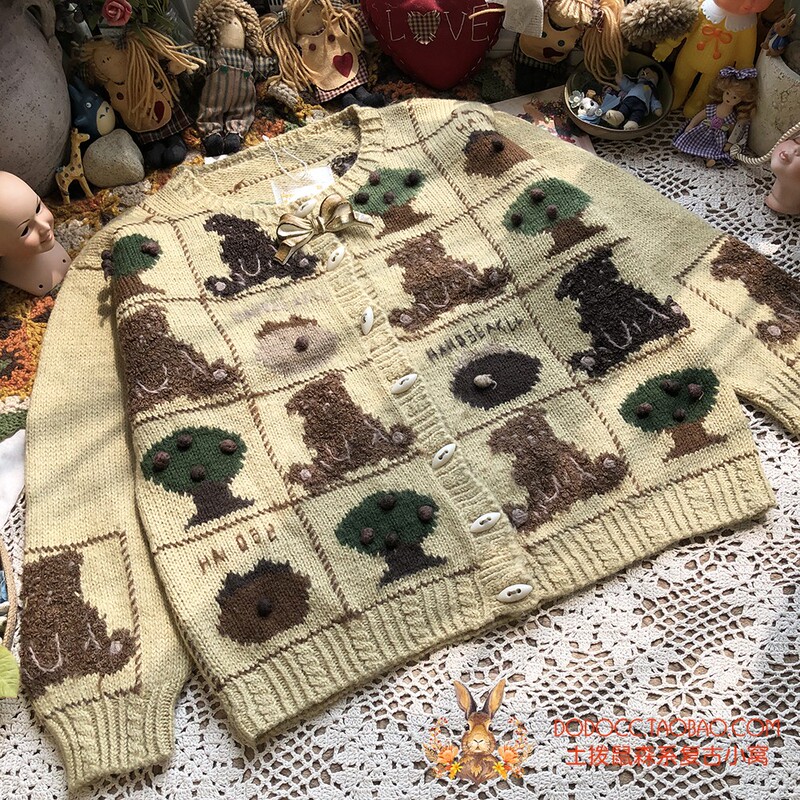 Cartoon-Style Playful Bear Japanese Mori Girl Handmade 3D Crochet Vintage Wool Knit Cardigan Jacket 2020 Autumn/Winter