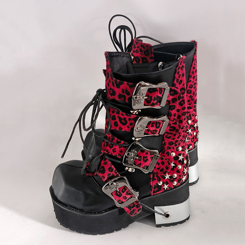 Spring and Autumn New Subculture Niche Leopard Print Patchwork Skull Martin Boots with Chunky Heels, Short High-Heeled Punk Boots for Women