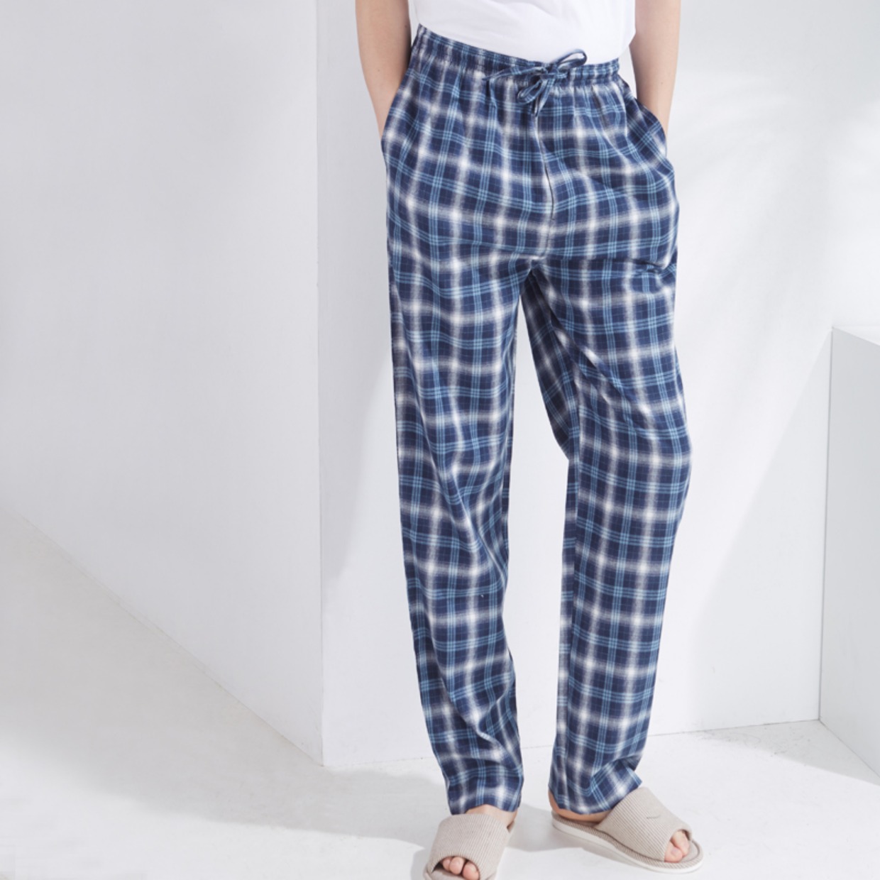 Quần ngủ mỏng cao dài cotton nam mùa thu và mùa đông nhà cha mẹ quần kẻ sọc mềm mại giản dị lỏng cao eo cao cotton quần kaki nam