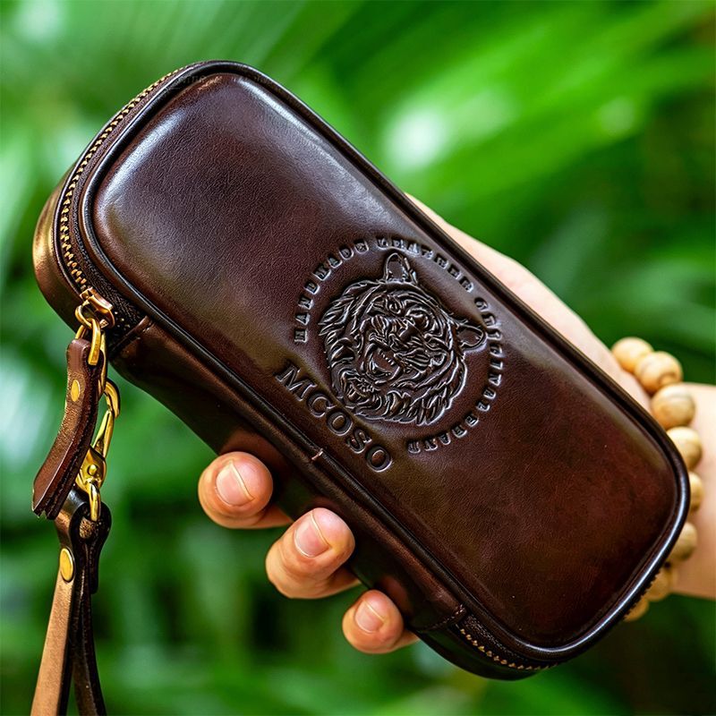 Vintage First-Layer Cowhide Pipe Bag, Crazy Horse Leather Handmade Tobacco Storage Box Set, Portable Zipper Pipe Case