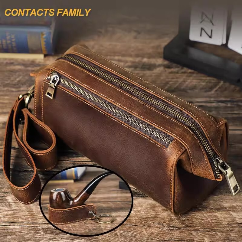Genuine Leather Pipe Bag, Large Capacity Smoking Accessories Storage Bag, Casual Leather Solid Color Pipe and Tobacco Storage Bag, Dark Brown