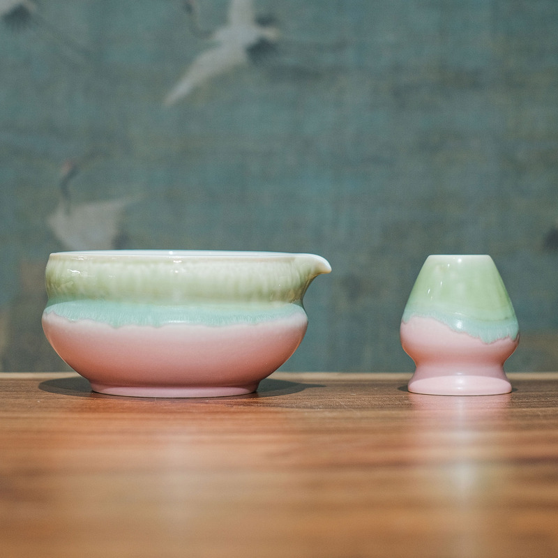 Song Yan |   Ceramic Matcha Bowl with Whisk Stand, Kiln-Fired Japanese-Style Pink-Green Tea Bowl with Spout, Tea Divider, Tea Whisk.