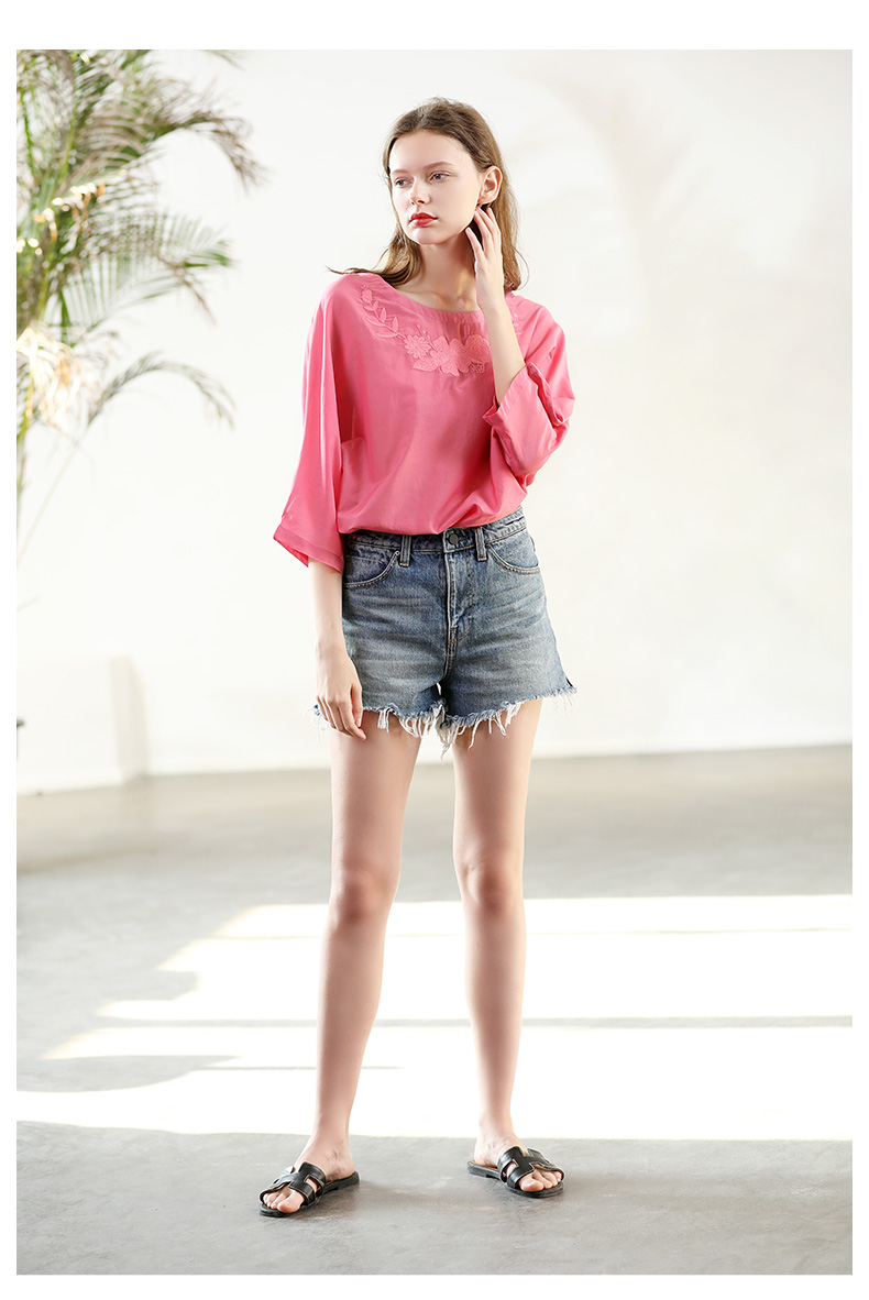 Áo lụa tơ tằm nữ xòe thẳng tay áo mỏng bảy phần tư tay áo lười gió đơn giản áo thun nữ mùa hè - Áo phông mua áo phông nữ