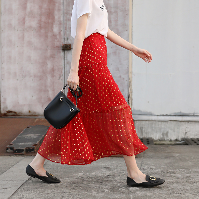 2017春夏新款高腰网纱裙薄显瘦中长款圆点提花真丝半身裙JHG11353