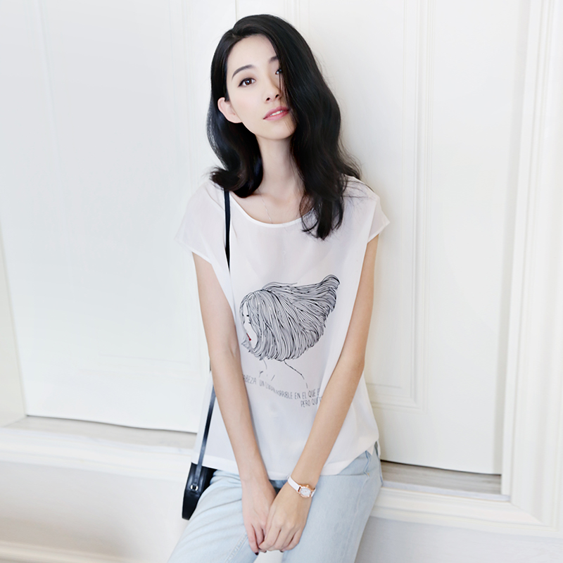 埠头村新款百搭宽松款式小清新人像印花真丝百搭气质款T恤WHF2991
