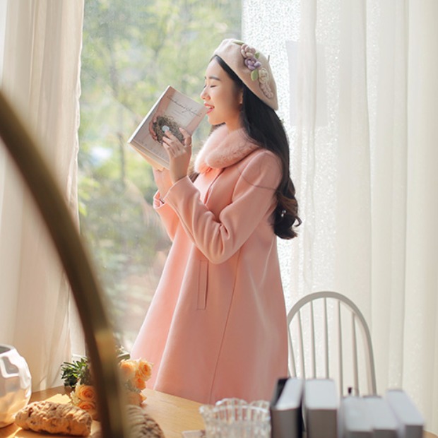 Ngọt ngào có thể tháo rời cổ áo lông dài áo khoác len nữ A-line áo khoác nữ kaki