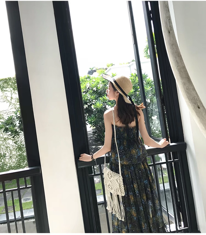 Treo cổ retro voan hoa sen eo eo bf váy dài 00 váy pphome mùa hè