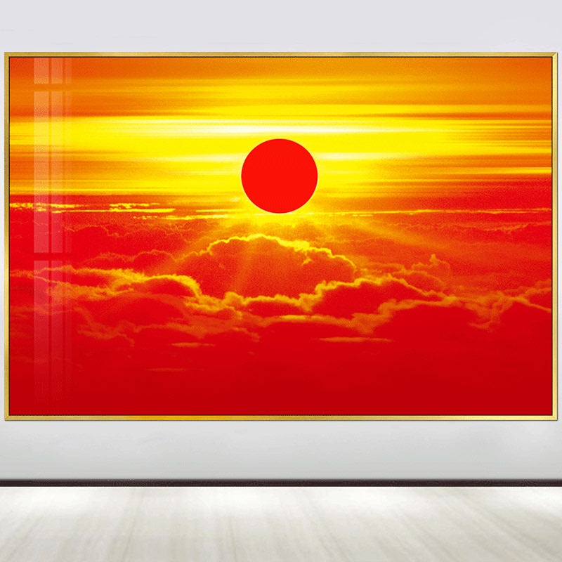 A Picture of a Red and Vibrant Sun, a Feng Shui Painting That Attracts Wealth and Prosperity, with the Theme of Abundant Wealth, Suitable for the Living Room or Main Hall, Framed Painting