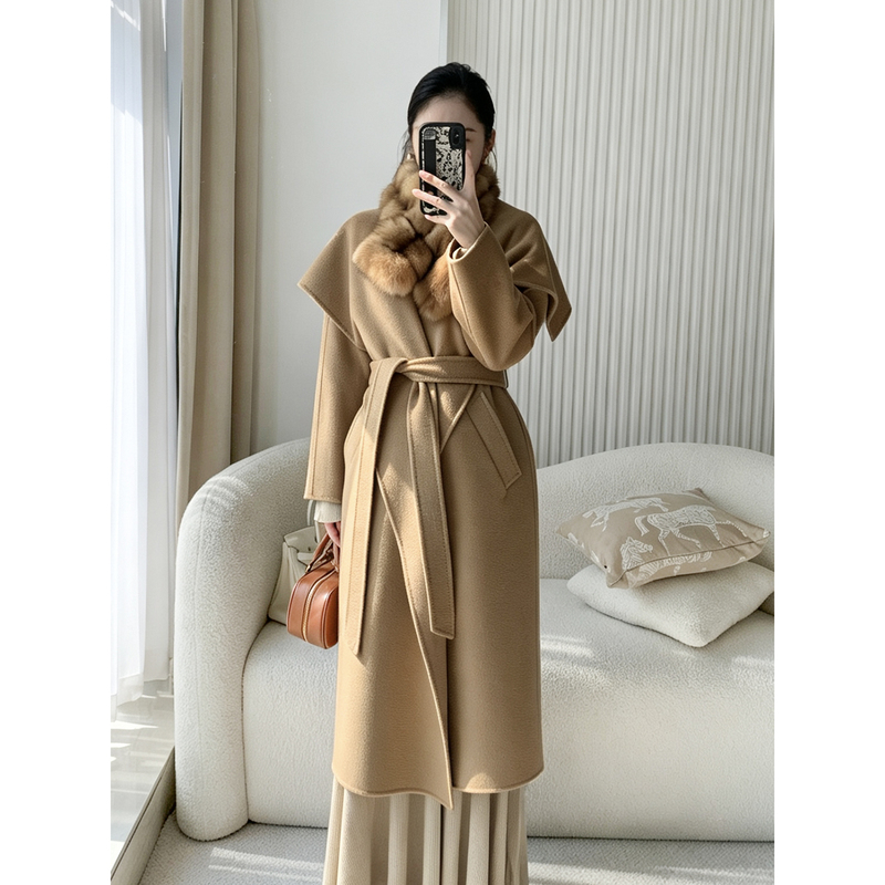 Puti Clothing m Brand Rienza Water Ripple Large Lapel Wool Cashmere Long Camel-Colored Autumn and Winter Coat for Women