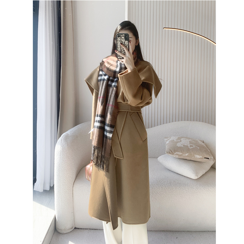 Puti Clothing m Brand Rienza Large Lapel Wool Cashmere Double-Sided Long Camel-Colored Autumn and Winter Coat for Women