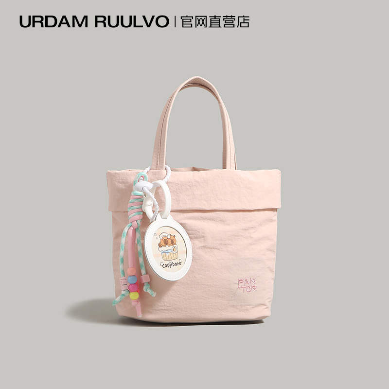 U&R Pink Simple Canvas Bucket Bag for Women 2026 New Casual Handbag Versatile Commuter Shoulder Crossbody Bag